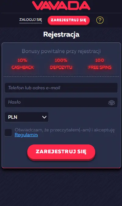 Logowanie do konta VAVADA Casino